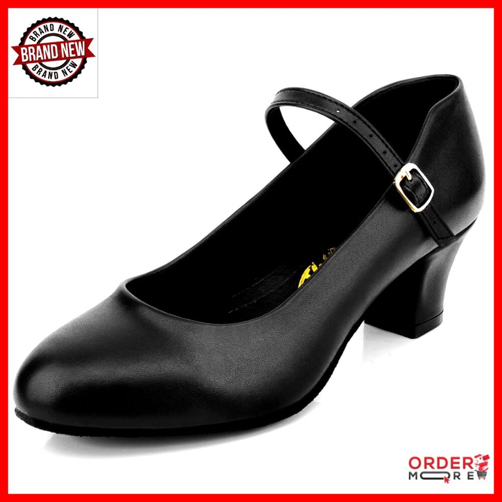 2.2" Heel Dance Shoes With Strap, Leather, Non-Slip Sole For Latin Salsa